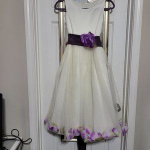 Beautiful Cinderella Couture Poly Dress in white with purple rose petals & sash